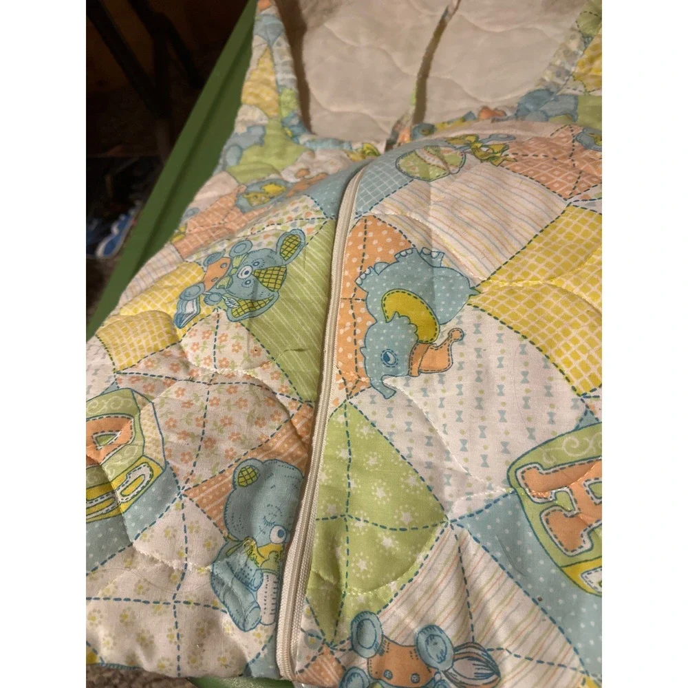 Vintage Quilted Baby Bunting Bag Pastel Animal Patchwork Print Hooded Sleep Sack